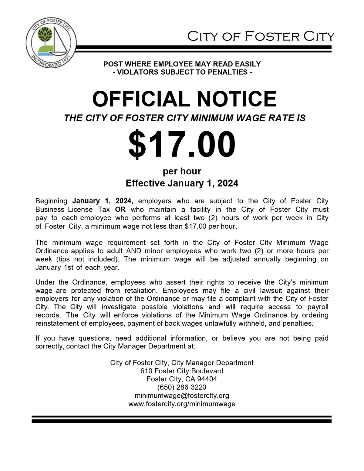 Foster City Minimum Wage Poster image 0