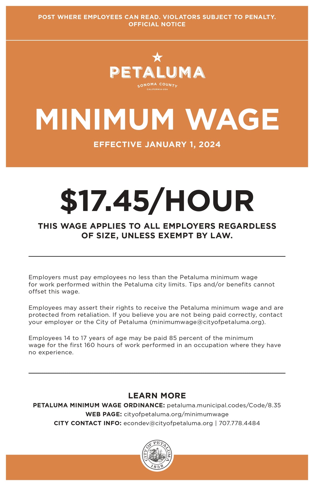 Petaluma City Minimum Wage Poster image 0