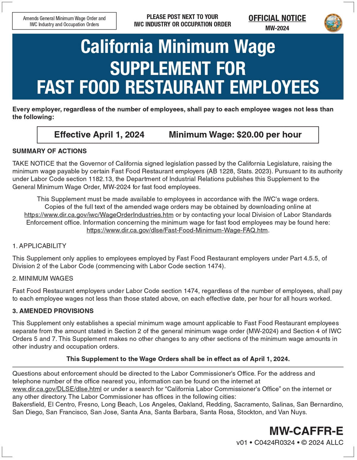 California Minimum Wage Poster (Fast Food) image 0