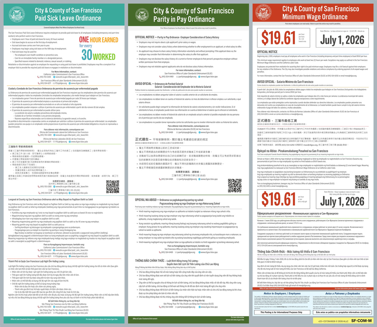 2026 City & County of San Francisco Combined Labor Law Ordinance Poster — Paid Sick Leave, Parity in Pay & Minimum Wage