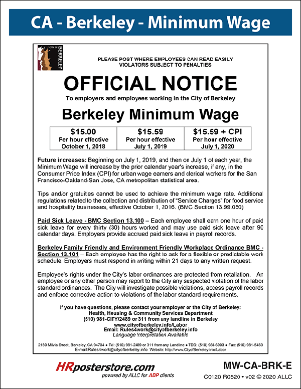 Berkeley City Minimum Wage Poster image 0