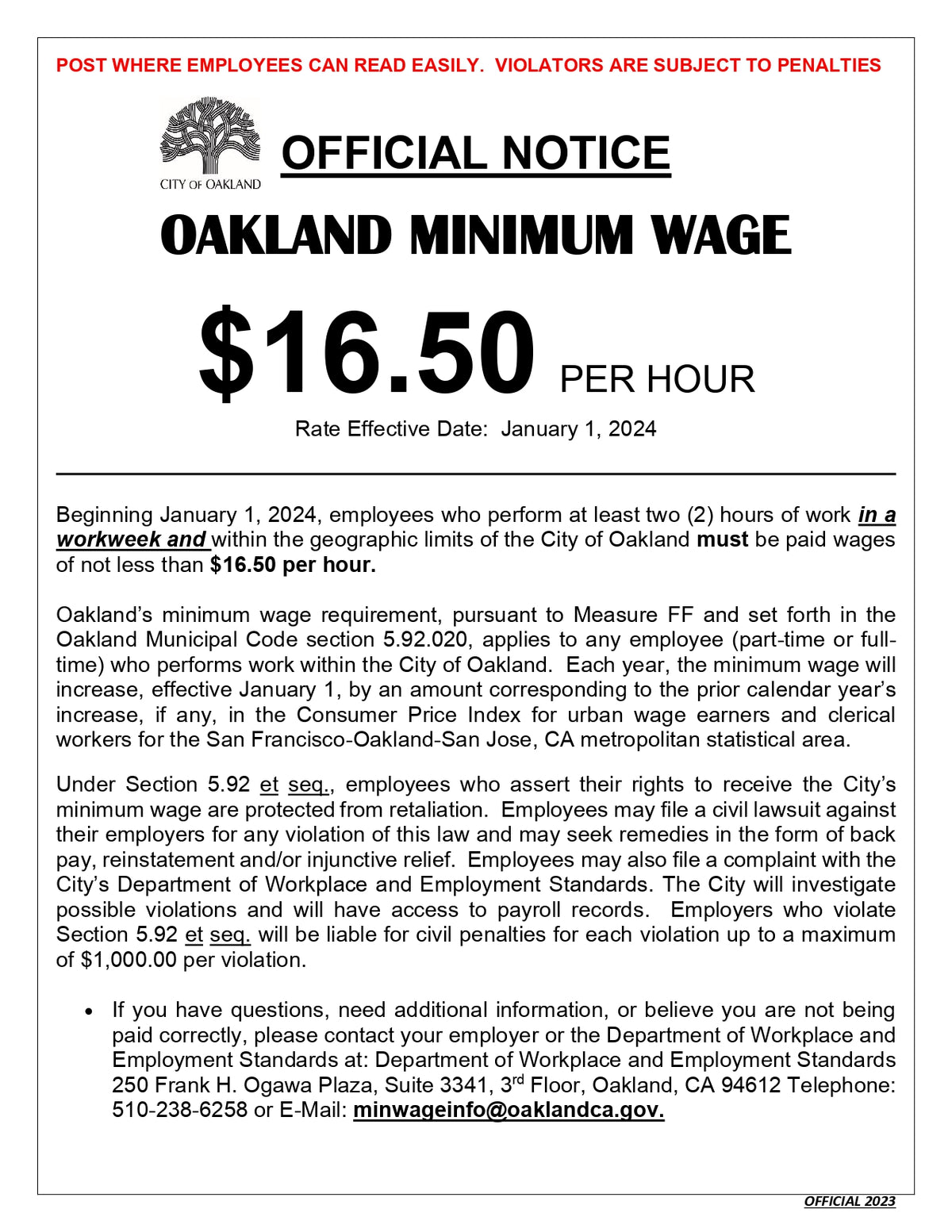 Oakland City Minimum Wage Poster image 0