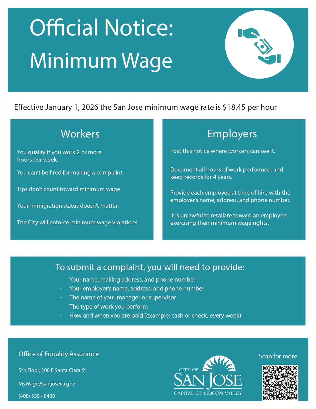 2026 San Jose City Minimum Wage Poster image 0