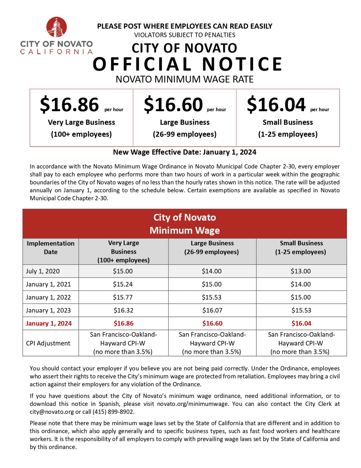 Novato City Minimum Wage Poster image 0
