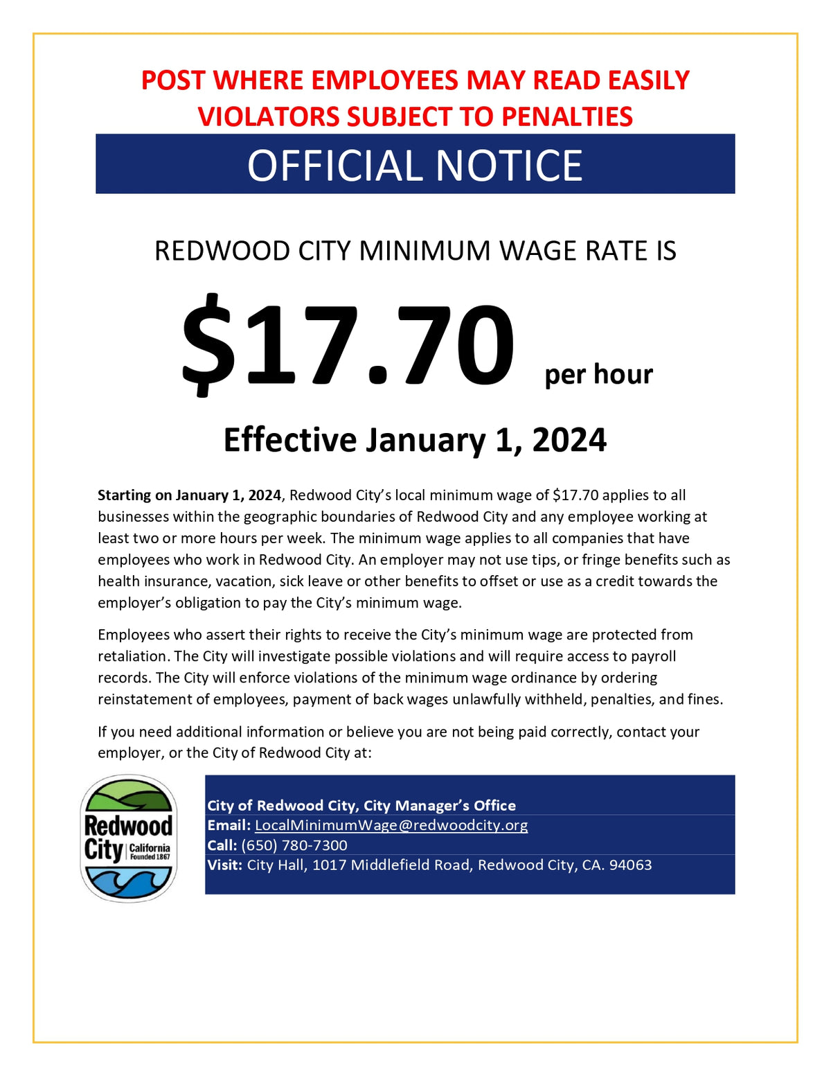 Redwood City Minimum Wage Poster image 0