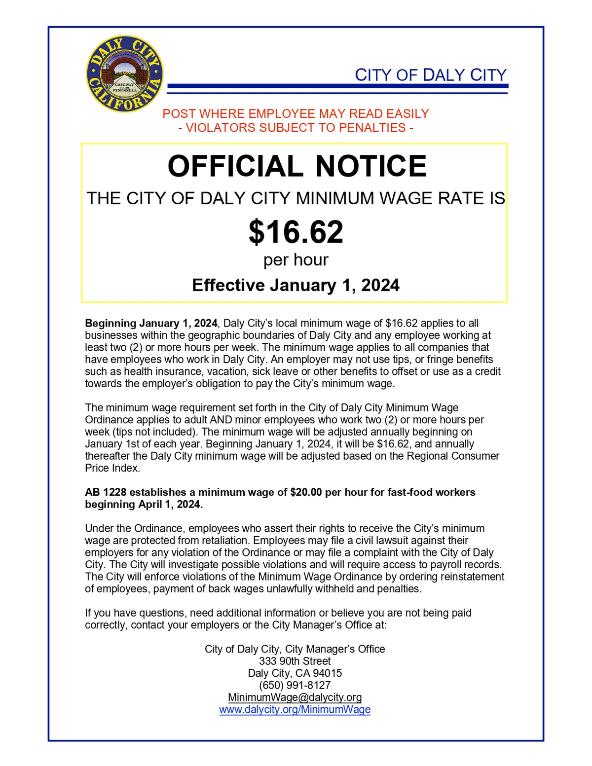 Daly City Minimum Wage Poster image 0