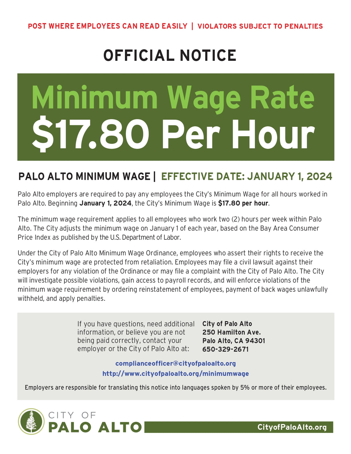 Palo Alto City Minimum Wage Poster image 0