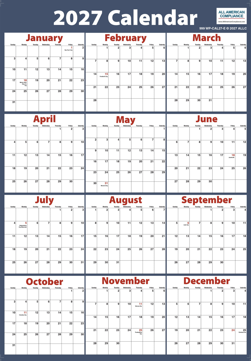 2027 Wall Calendar – Large Poster with Federal Holidays Marked