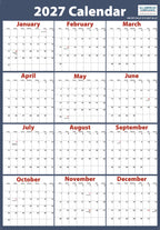 2027 Wall Calendar – Large Poster with Federal Holidays Marked