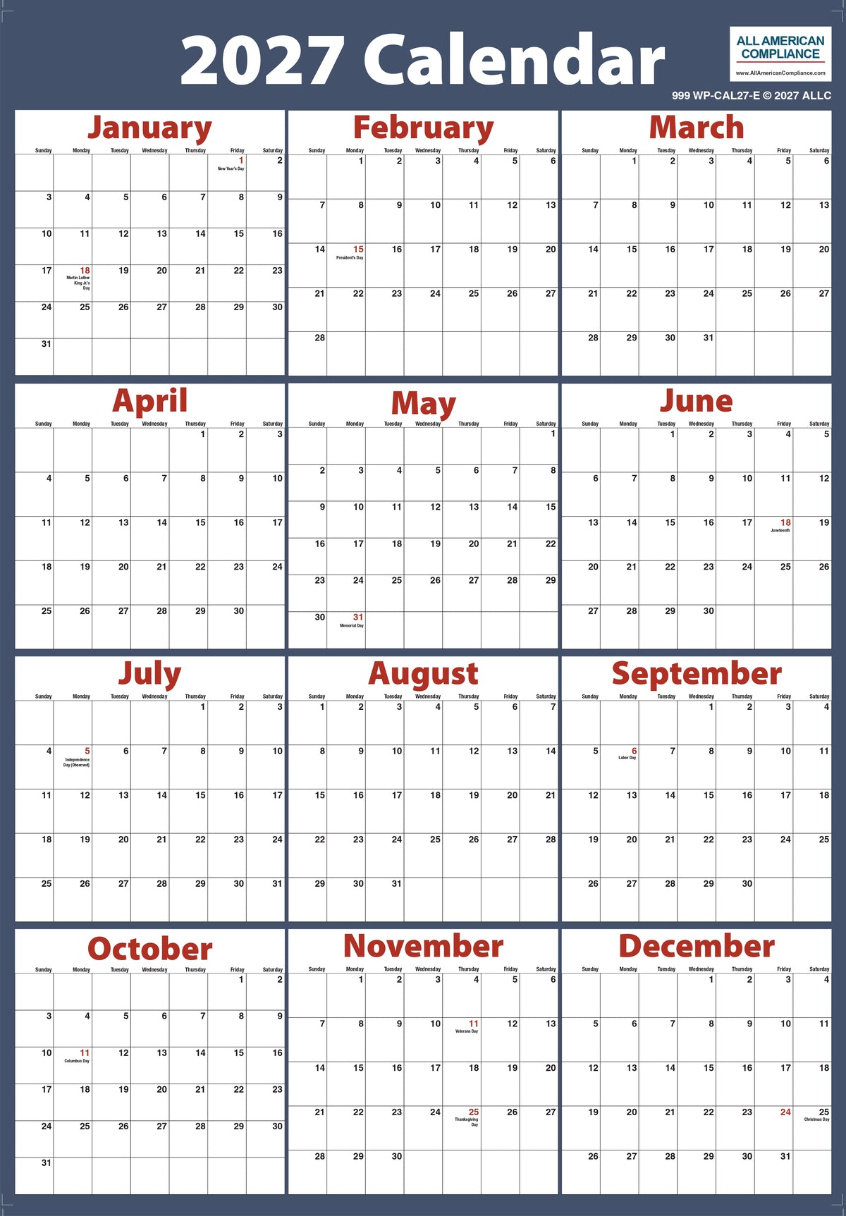 2027 Wall Calendar – Large Poster with Federal Holidays Marked