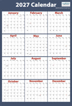 2027 Wall Calendar – Large Poster with Federal Holidays Marked
