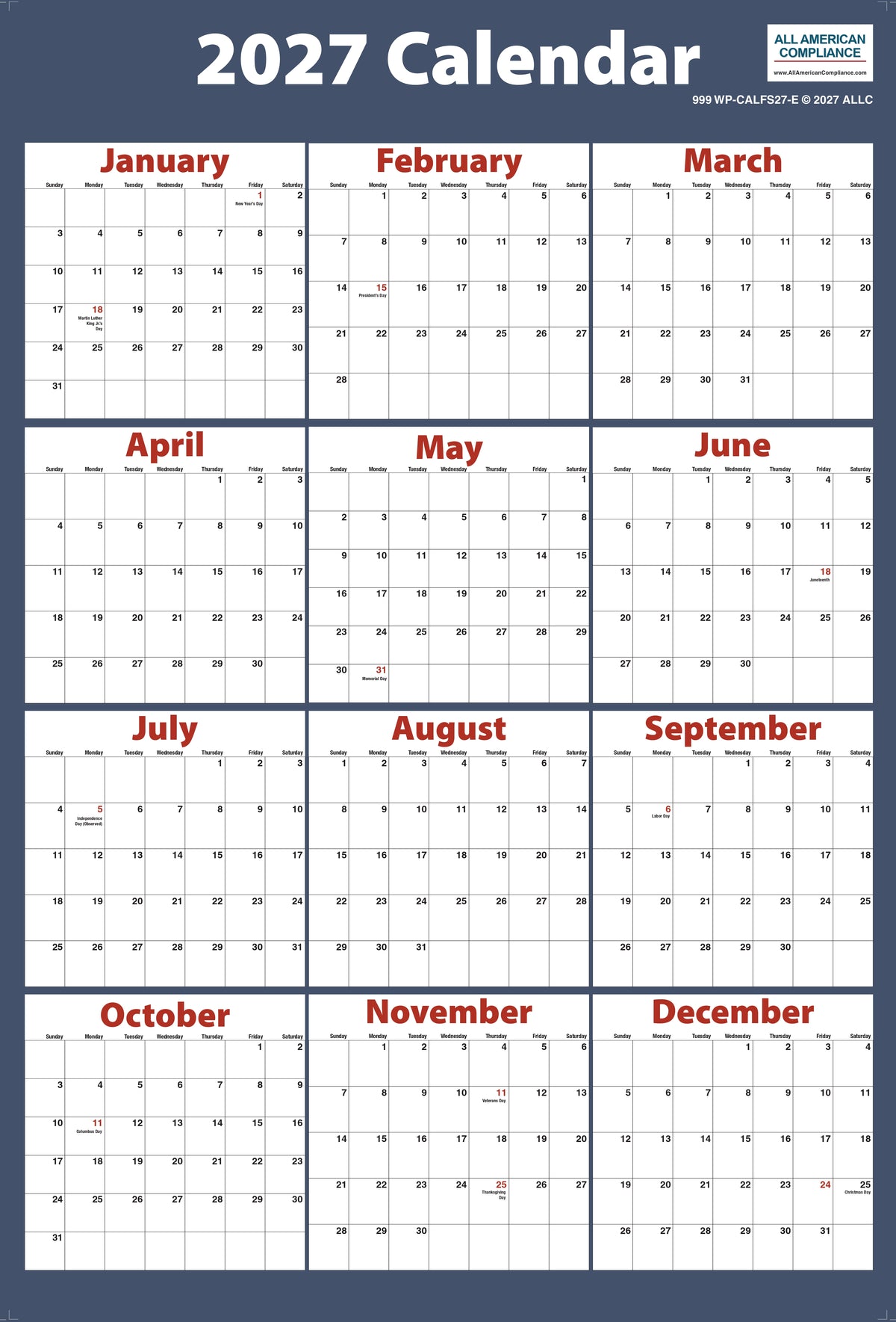 2027 Wall Calendar – Large Poster with Federal Holidays Marked