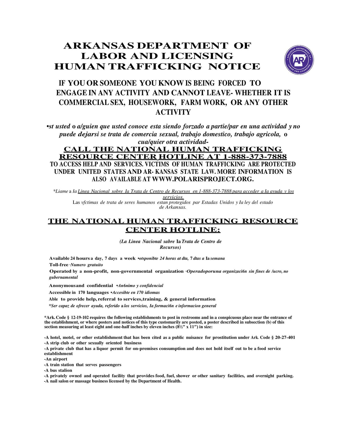 Arkansas Human Trafficking Poster