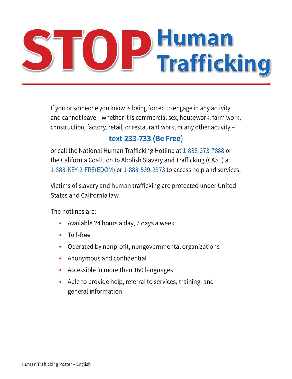 California Human Trafficking Model Notice, English