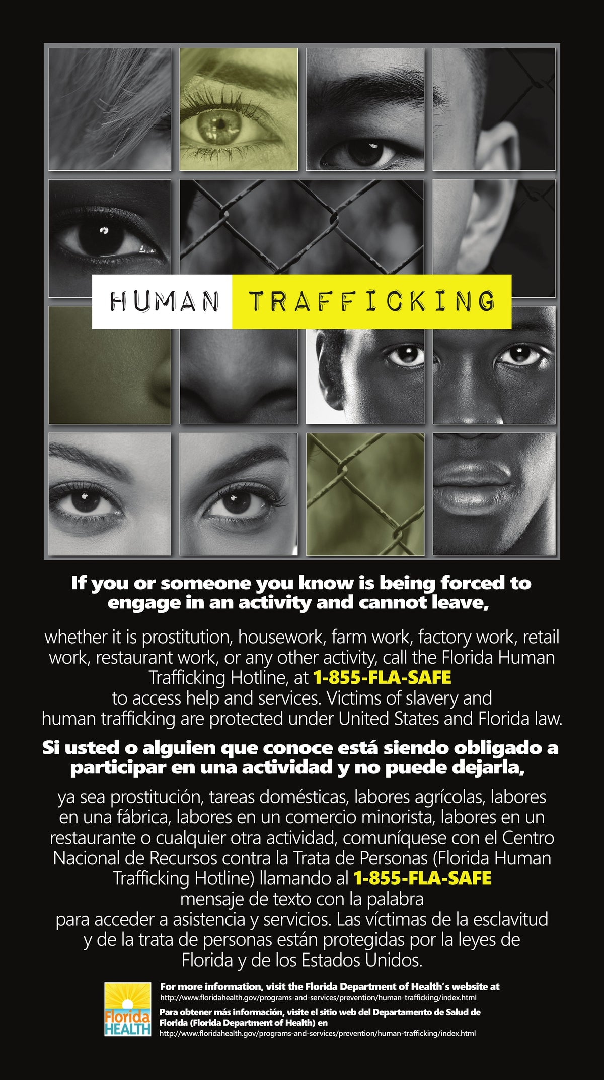Florida Human Trafficking Poster, bilingual English and Spanish