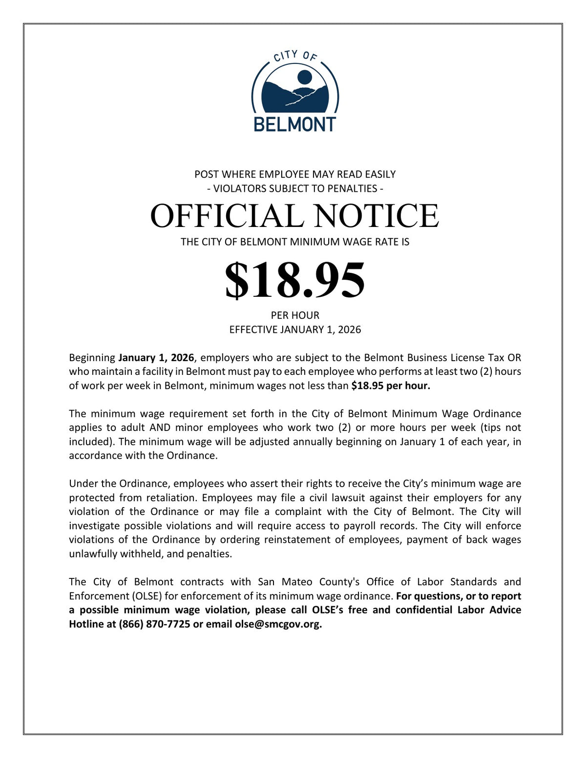 Belmont City Minimum Wage Poster