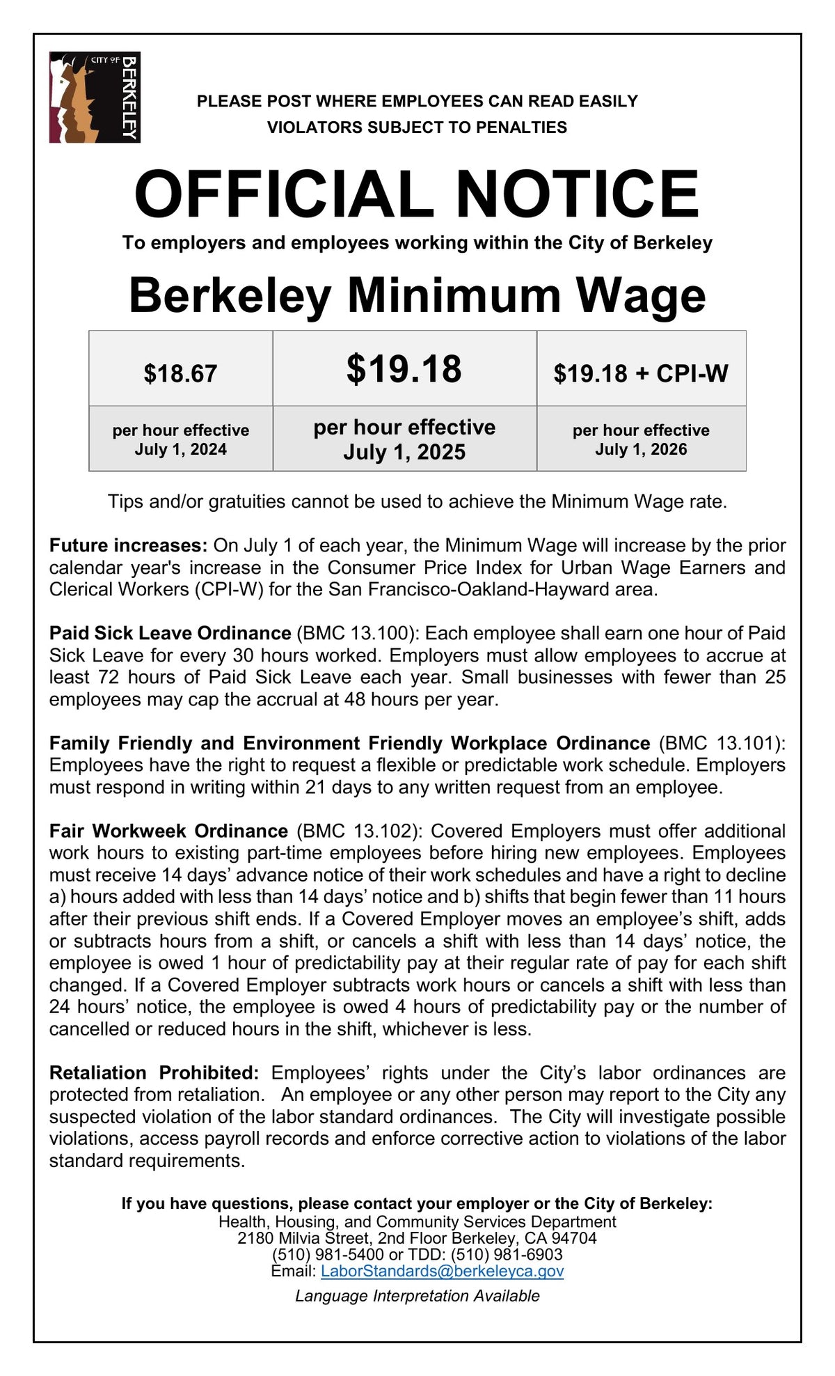 Berkeley City Minimum Wage Poster