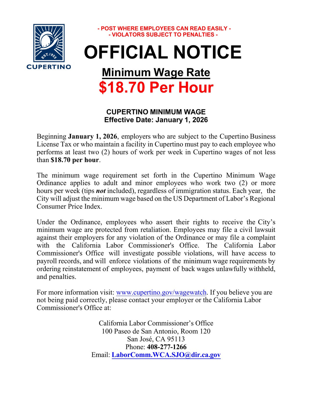 Cupertino City Minimum Wage Poster