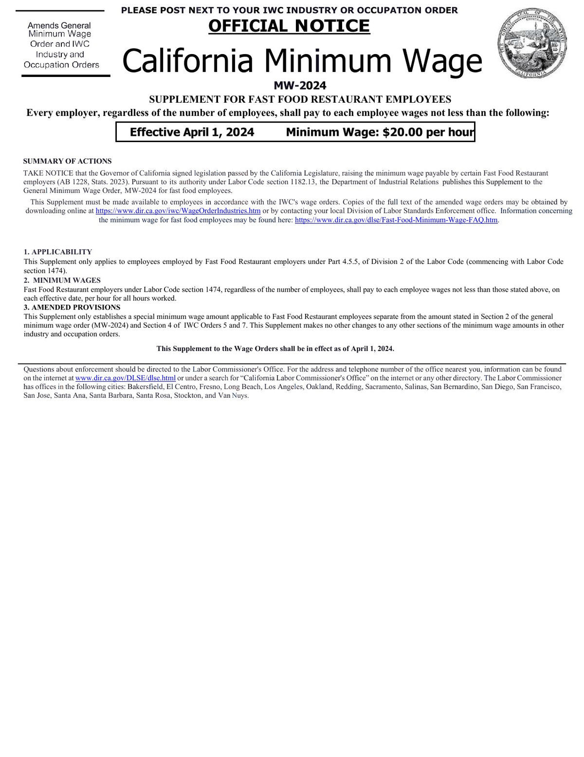 California Minimum Wage Poster (Fast Food)