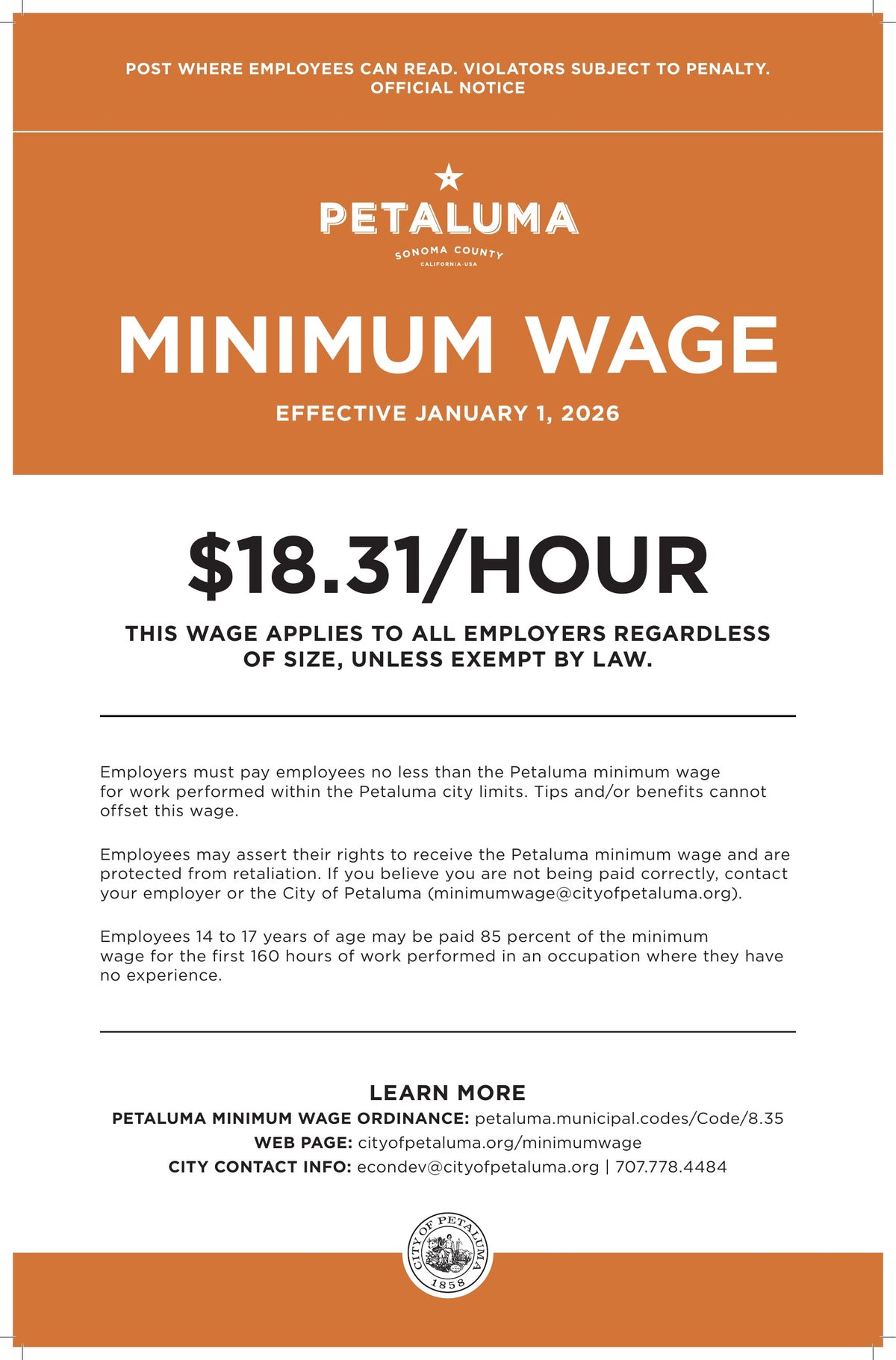 Petaluma City Minimum Wage Poster