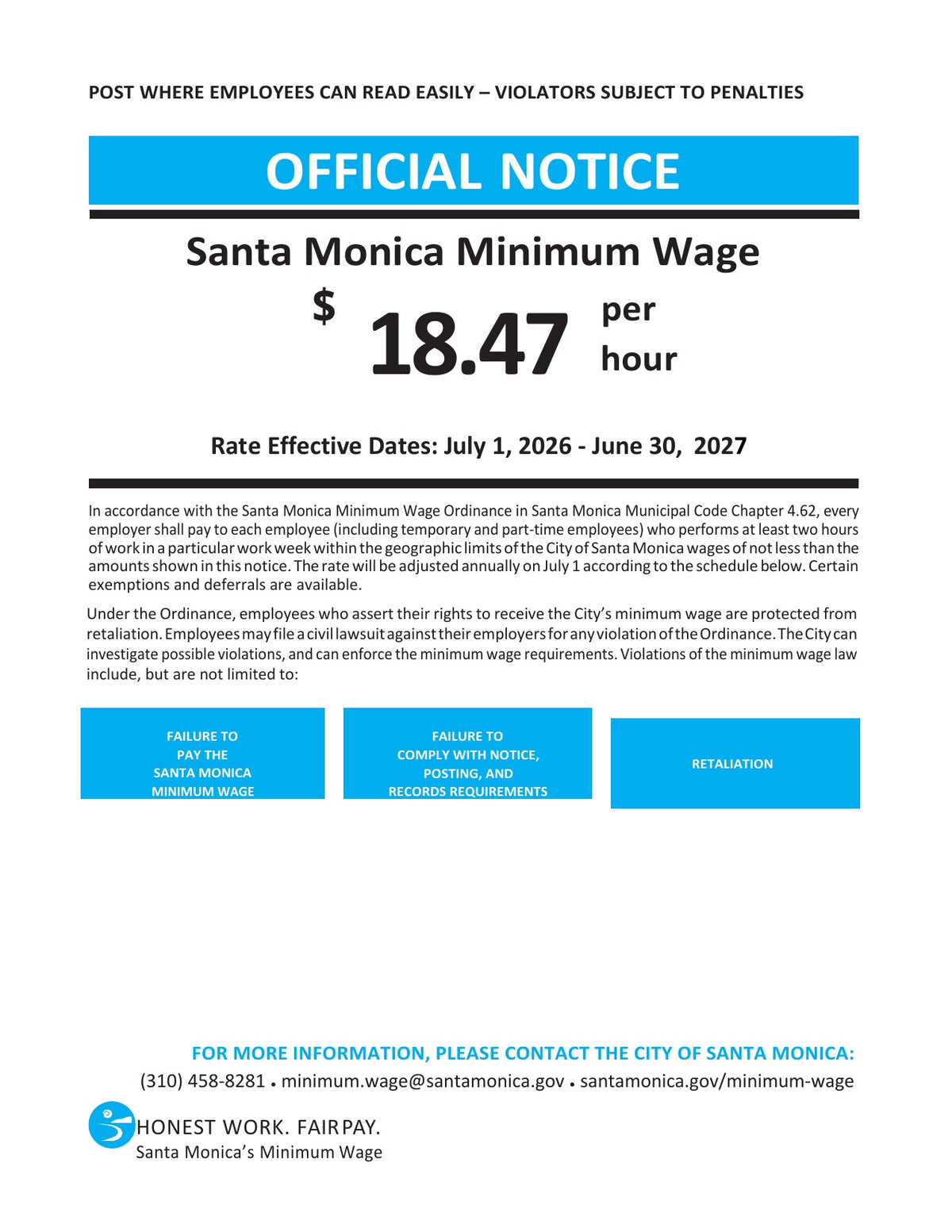 Santa Monica City Minimum Wage Poster