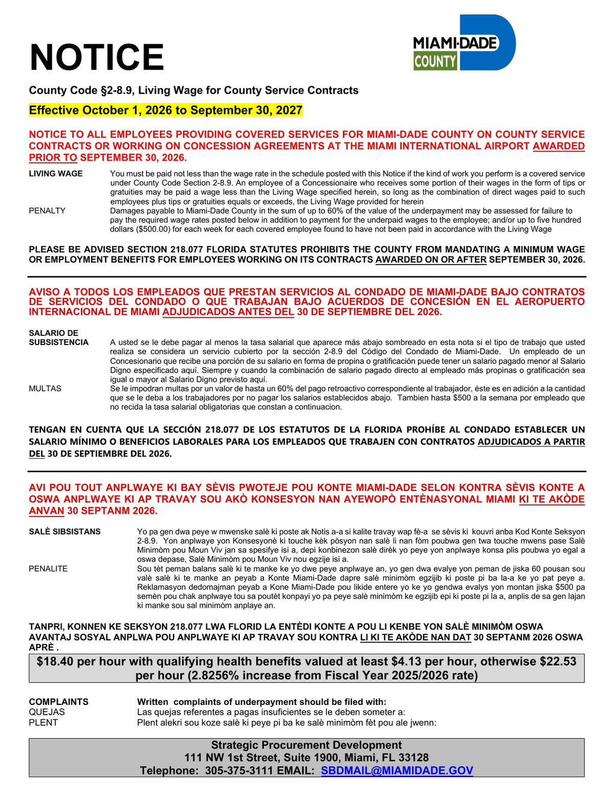 Dade County Minimum Wage Poster