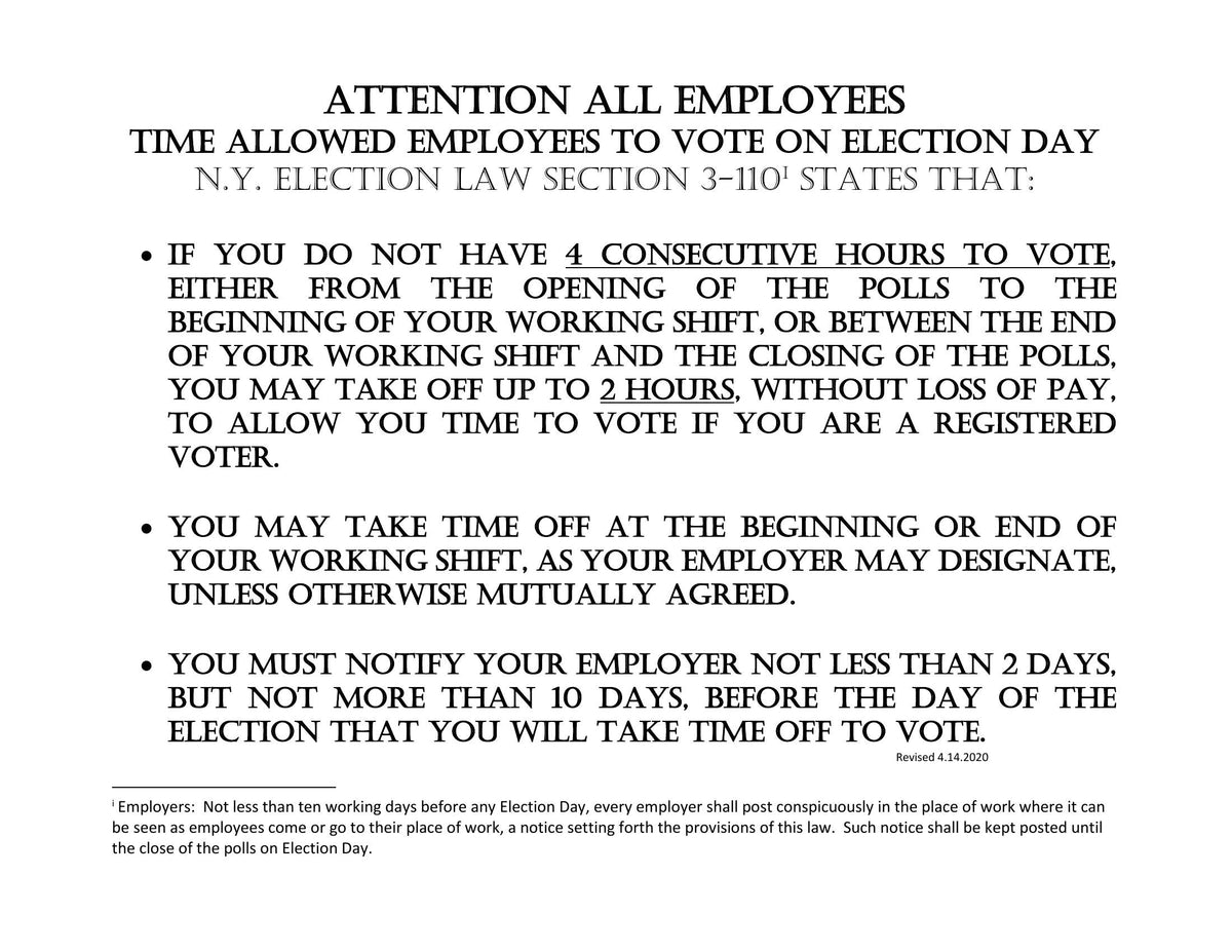 New York Time Off to Vote Poster
