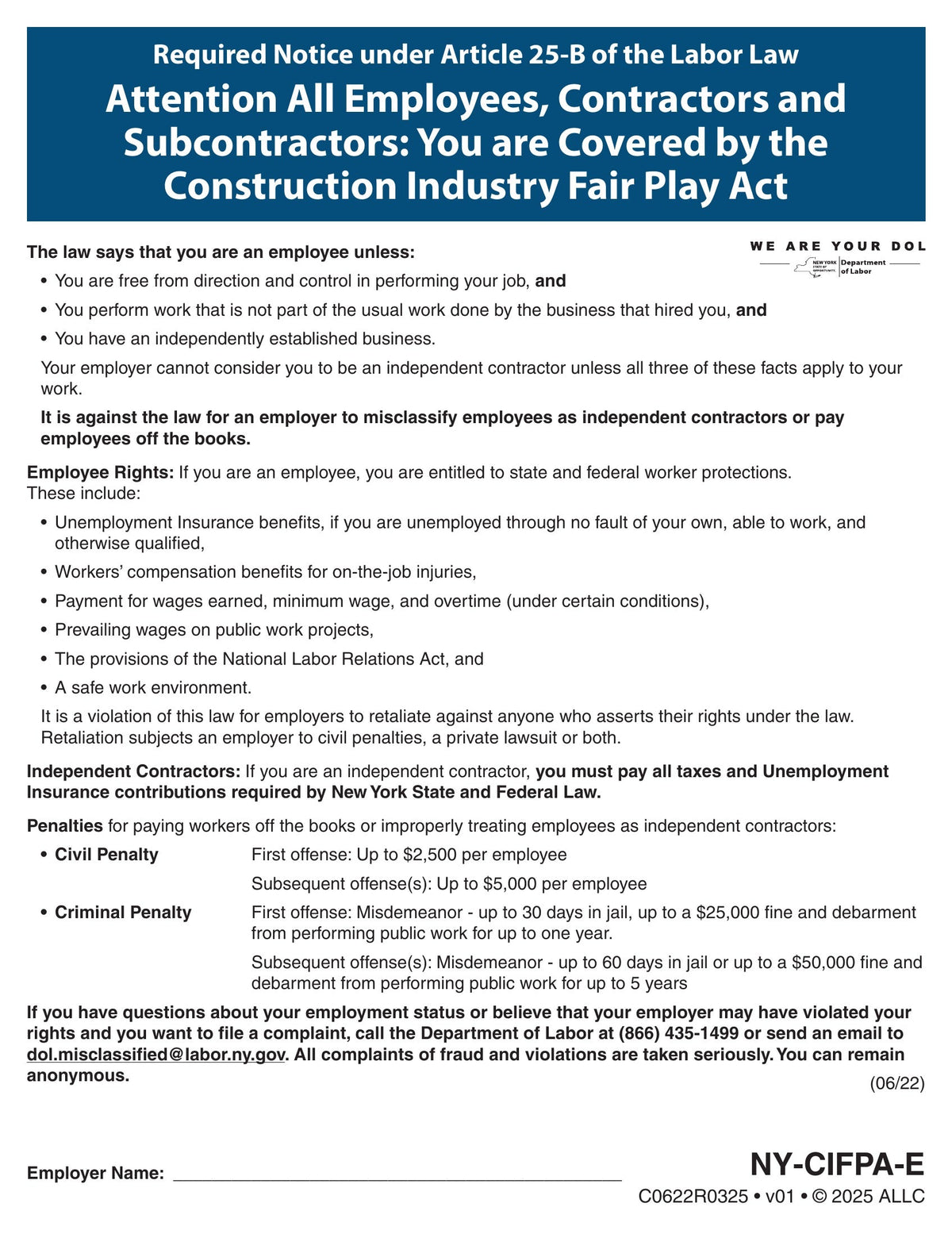 New York Construction Industry Fair Play Act Poster