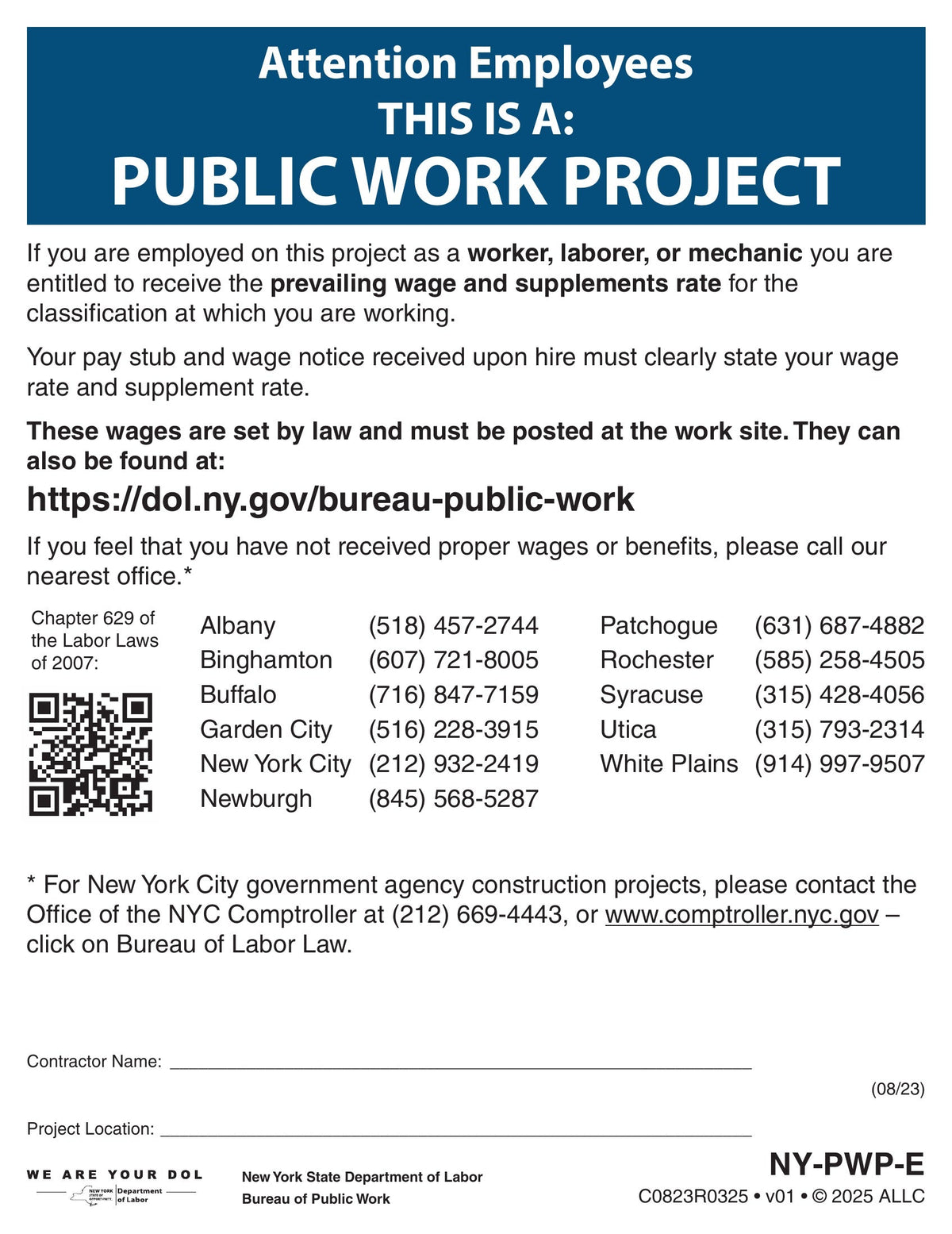 New York Public Work Prevailing Wage Poster