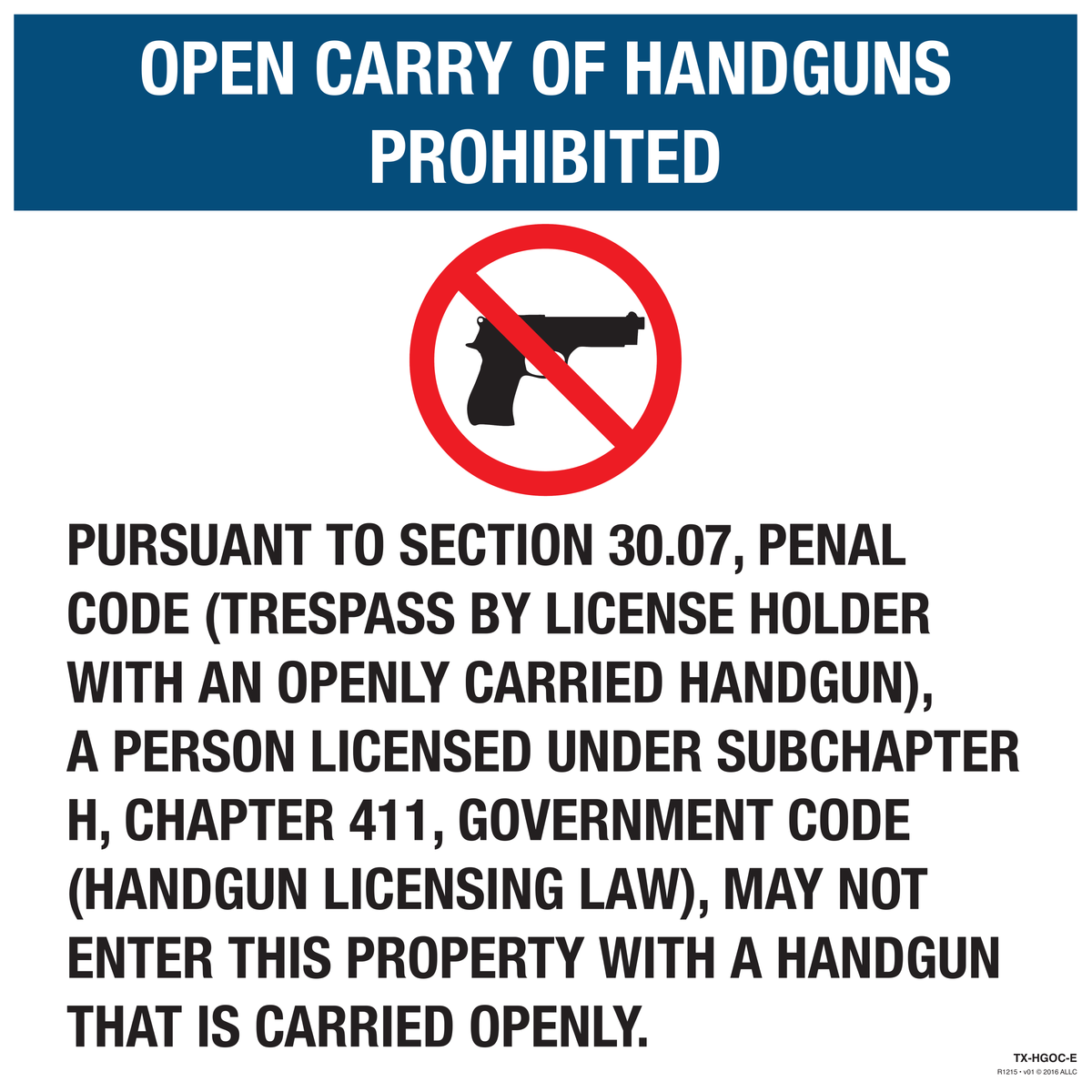 Texas 30.07 Open Carry Prohibition Sign