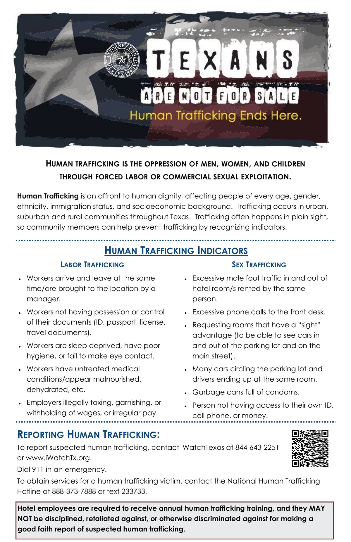 Texas Human Trafficking Sign, Lodging edition, English