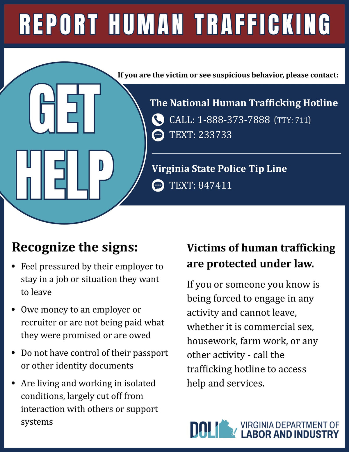 Virginia Human Trafficking Poster