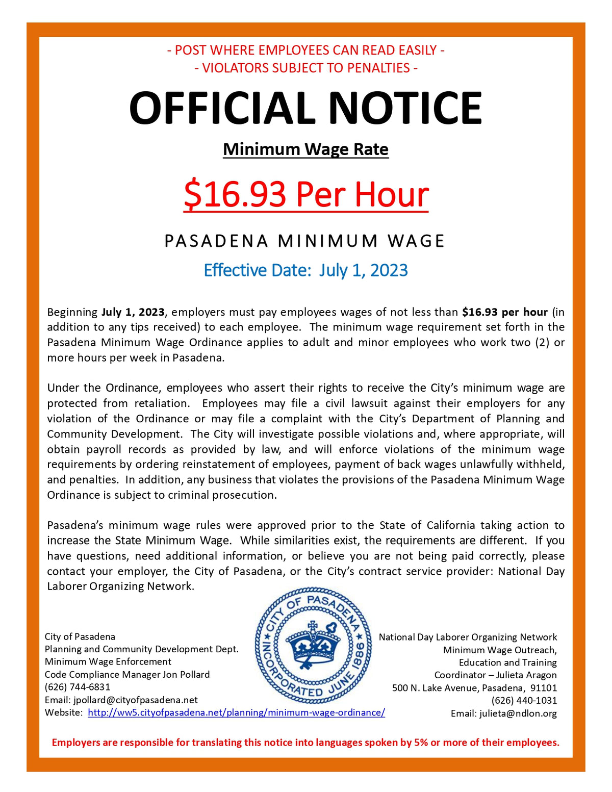 Pasadena City Minimum Wage Poster image 0