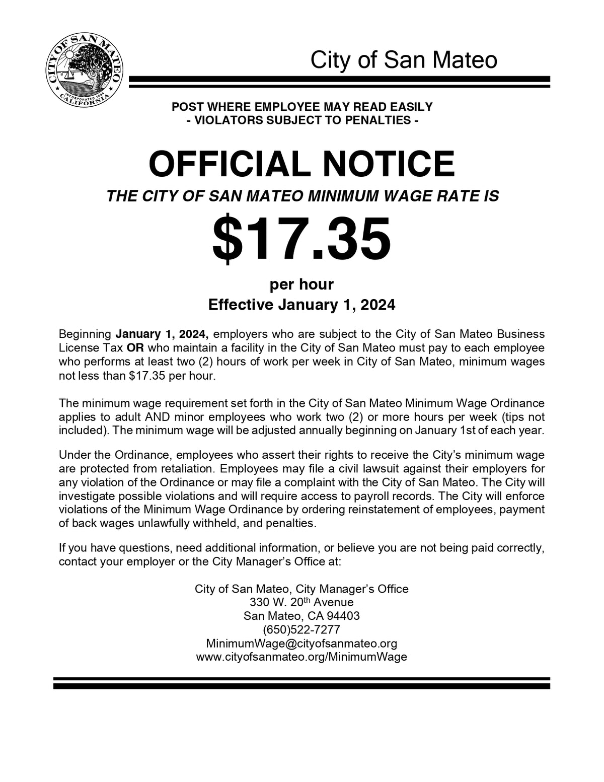 San Mateo City Minimum Wage Poster image 0
