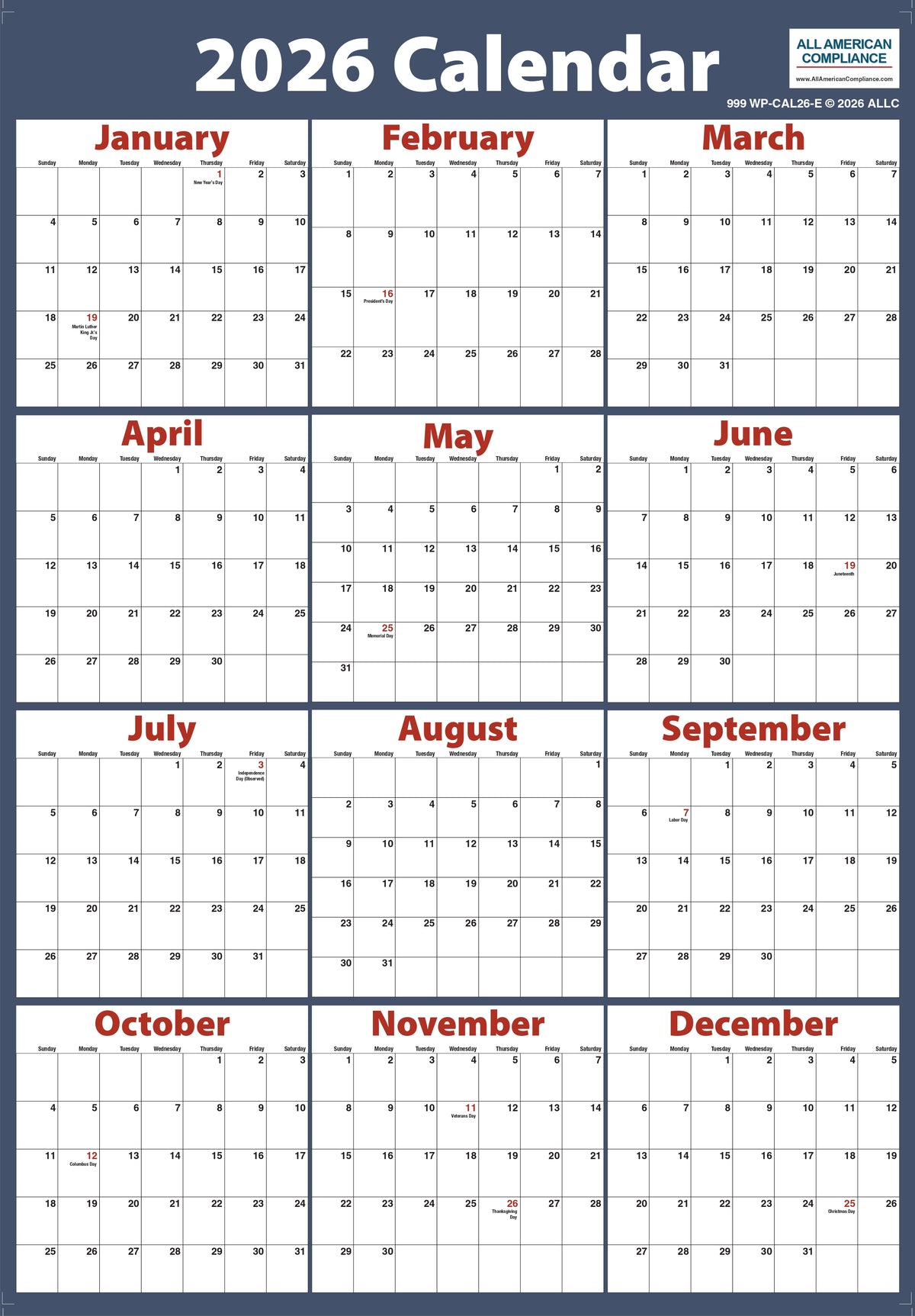 2026 Laminated Wall Calendar (19X27) image 0