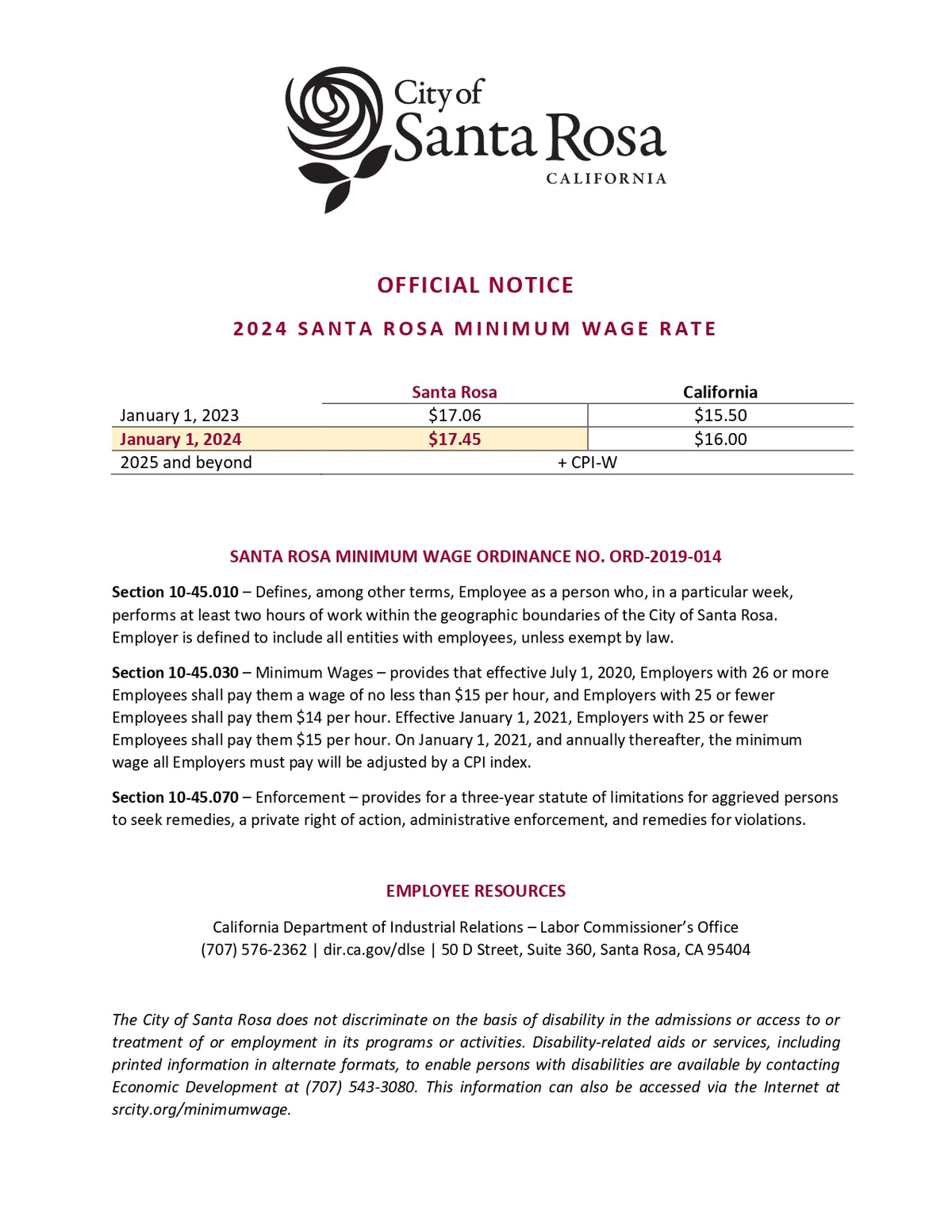 Santa Rosa City Minimum Wage Poster image 0