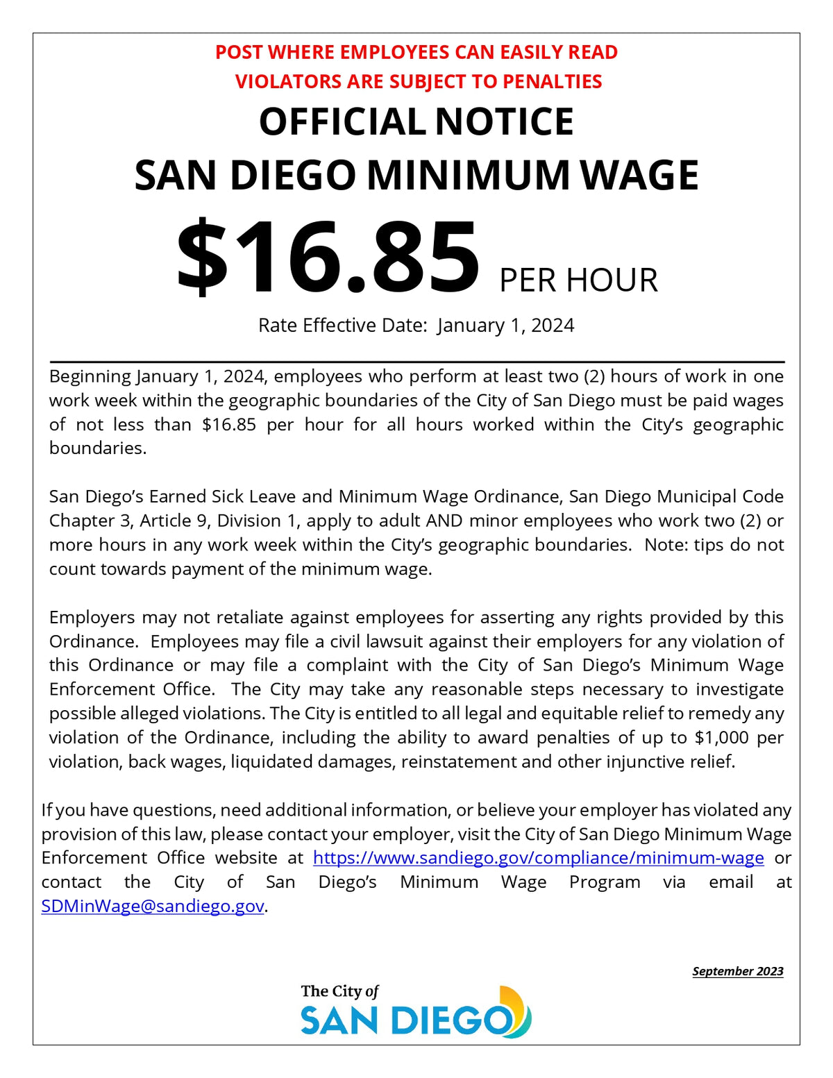 San Diego City Minimum Wage Poster image 0