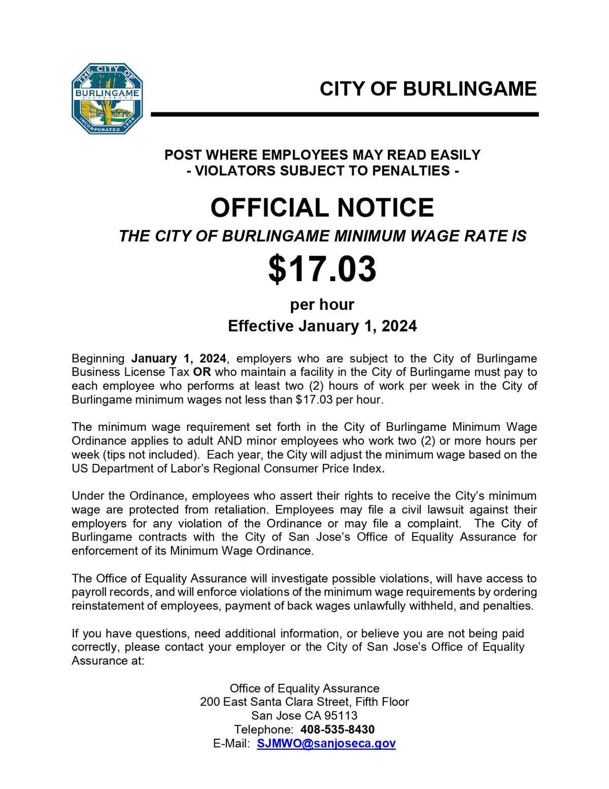 Berlingame City Minimum Wage Poster image 0