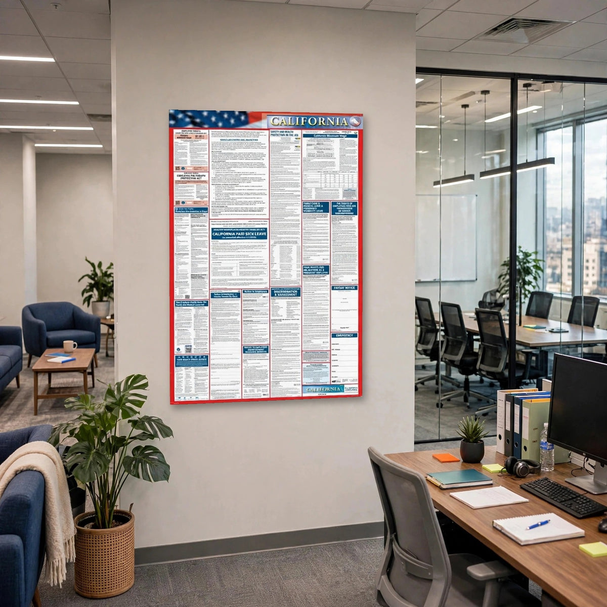 California labor law poster on an office wall.
