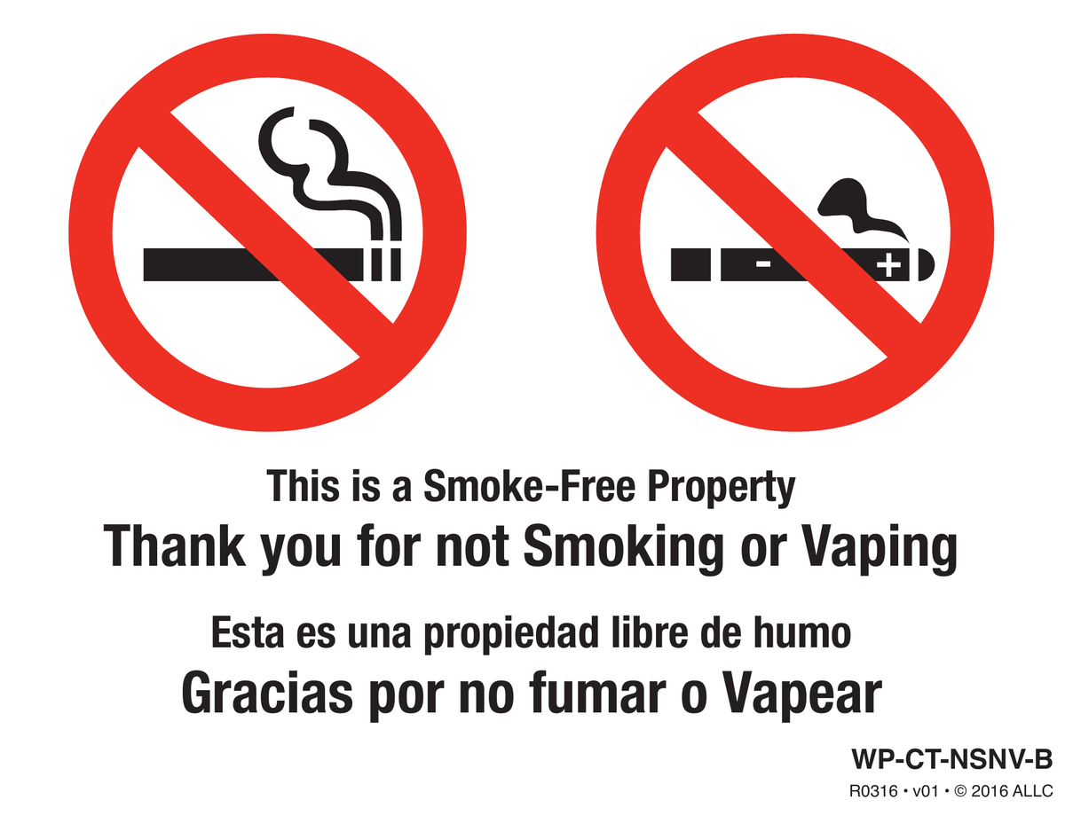 Connecticut Smoke-Free Property sign, no smoking or vaping, bilingual