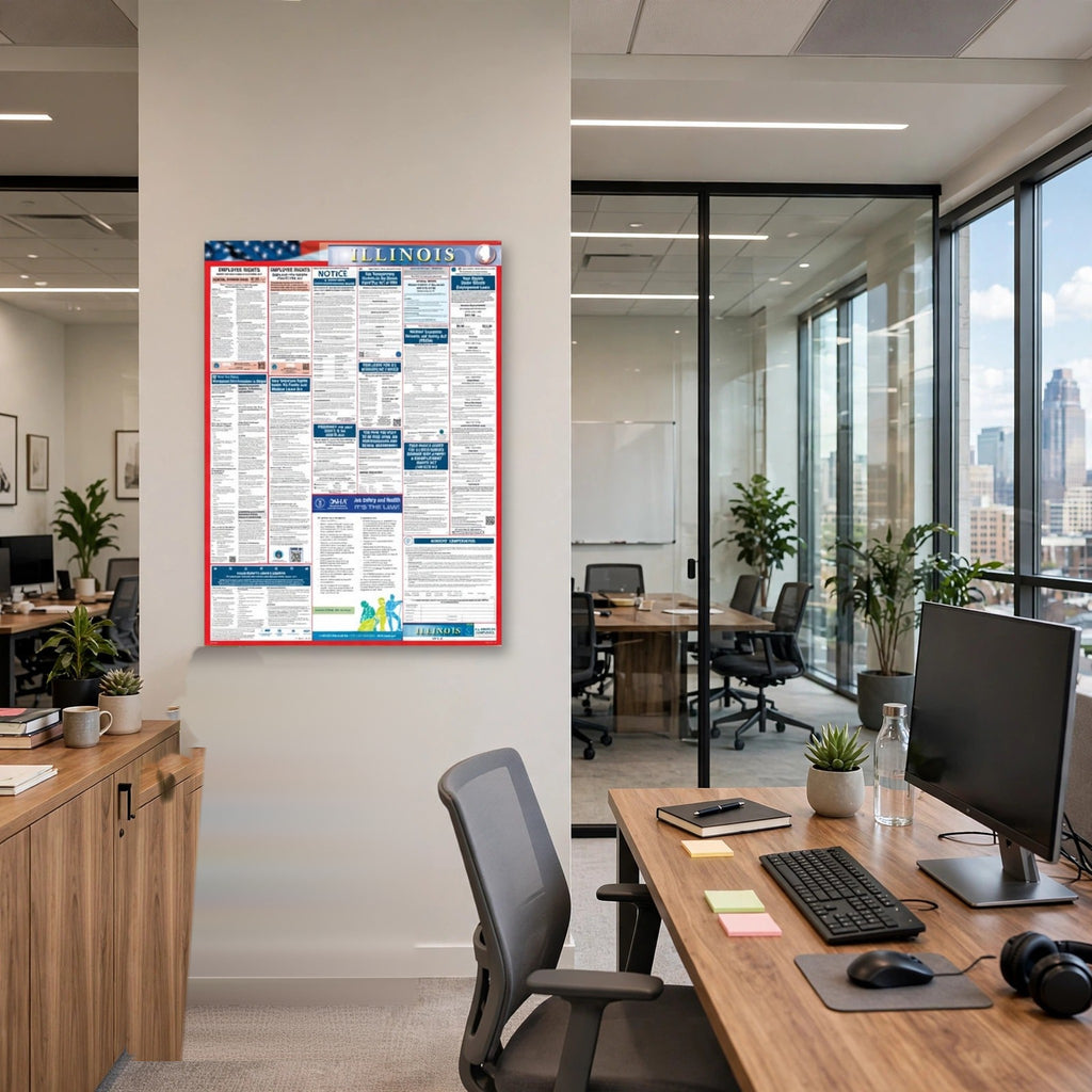 Illinois labor law poster on an office wall.