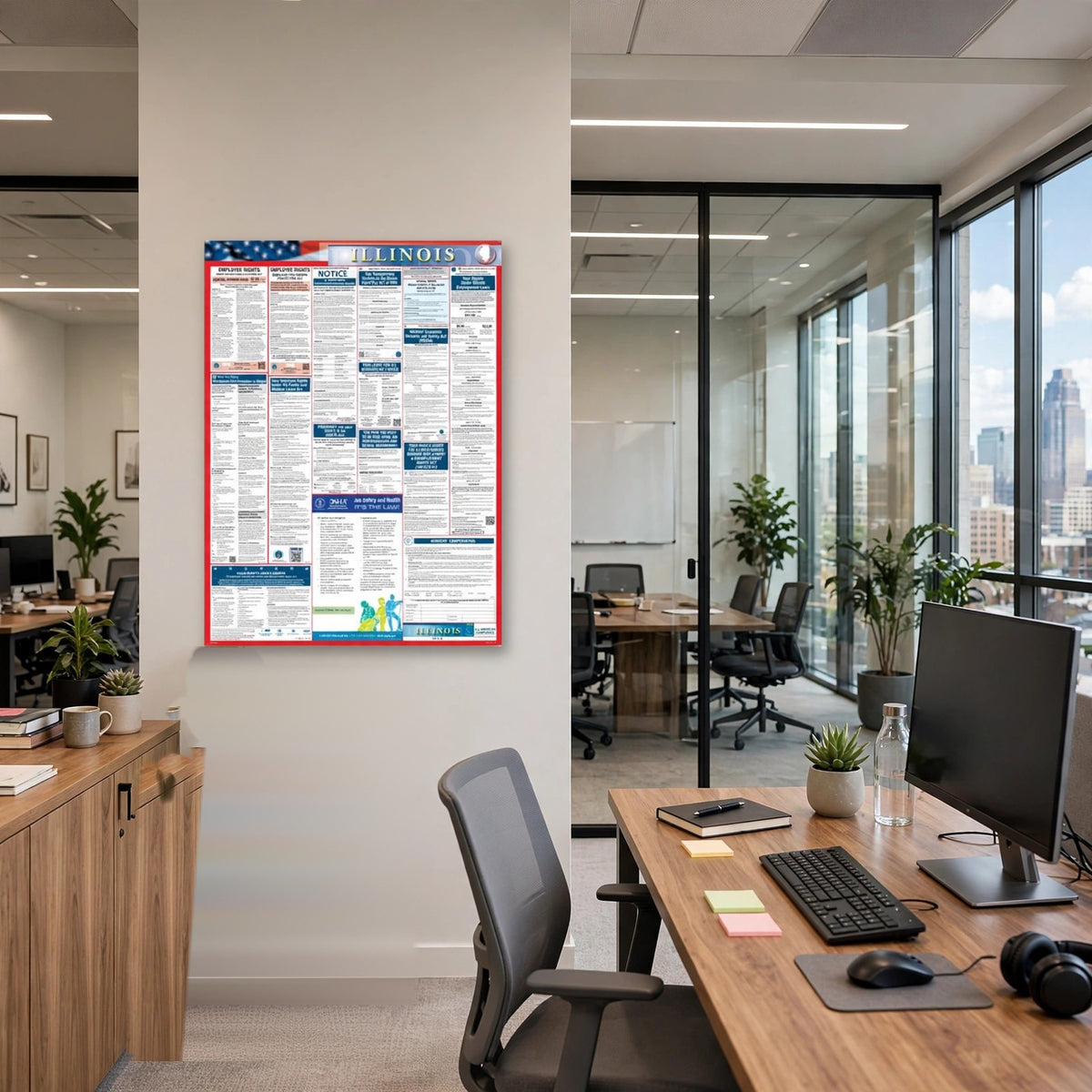 Illinois labor law poster on an office wall.