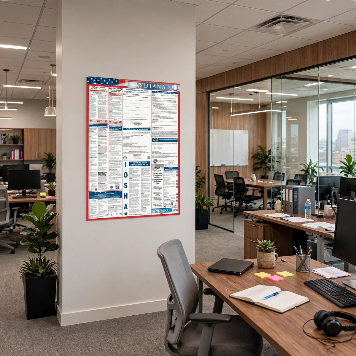 Indiana labor law poster on an office wall.