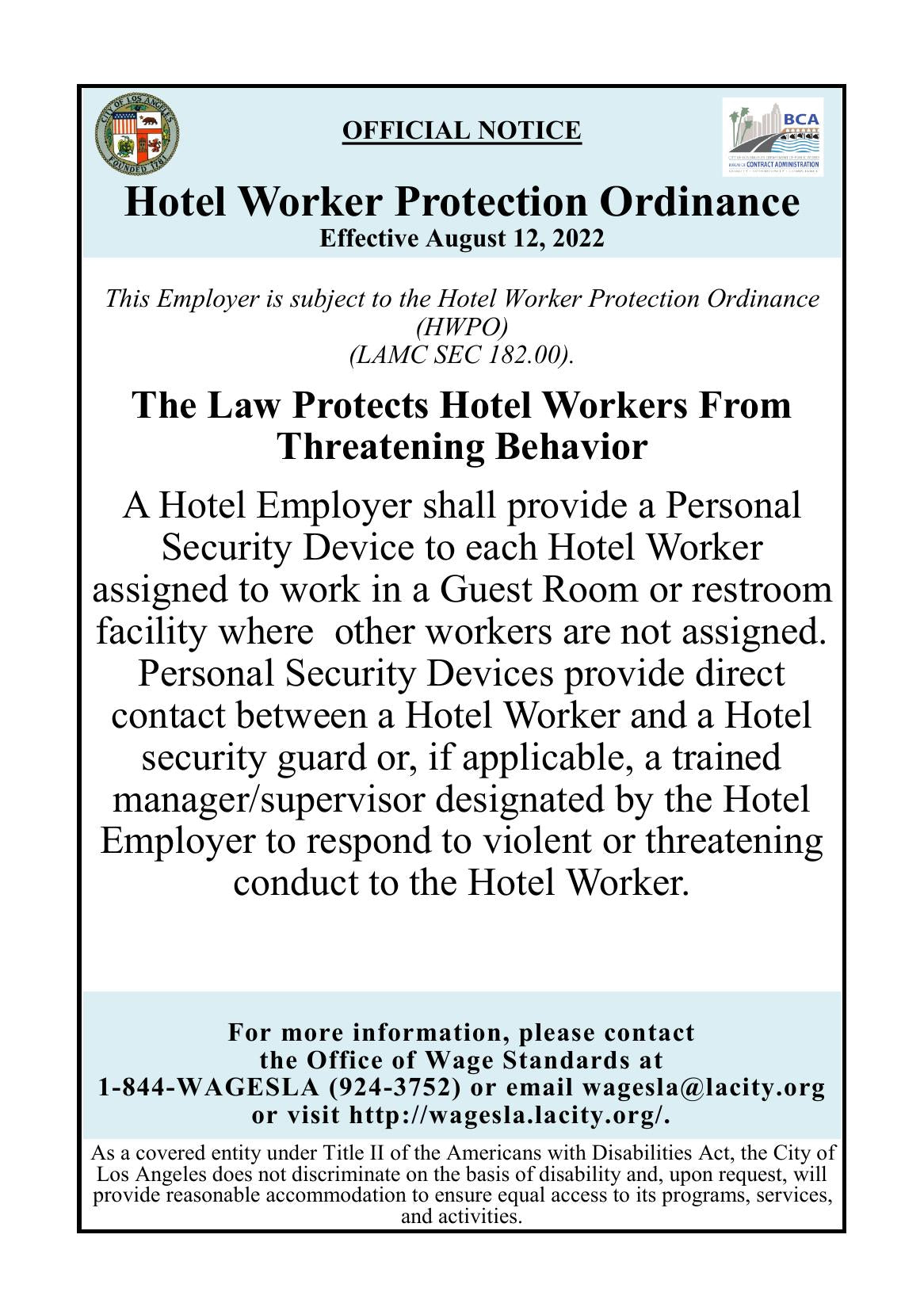 Los Angeles Hotel Worker Protection Official Notice Poster
