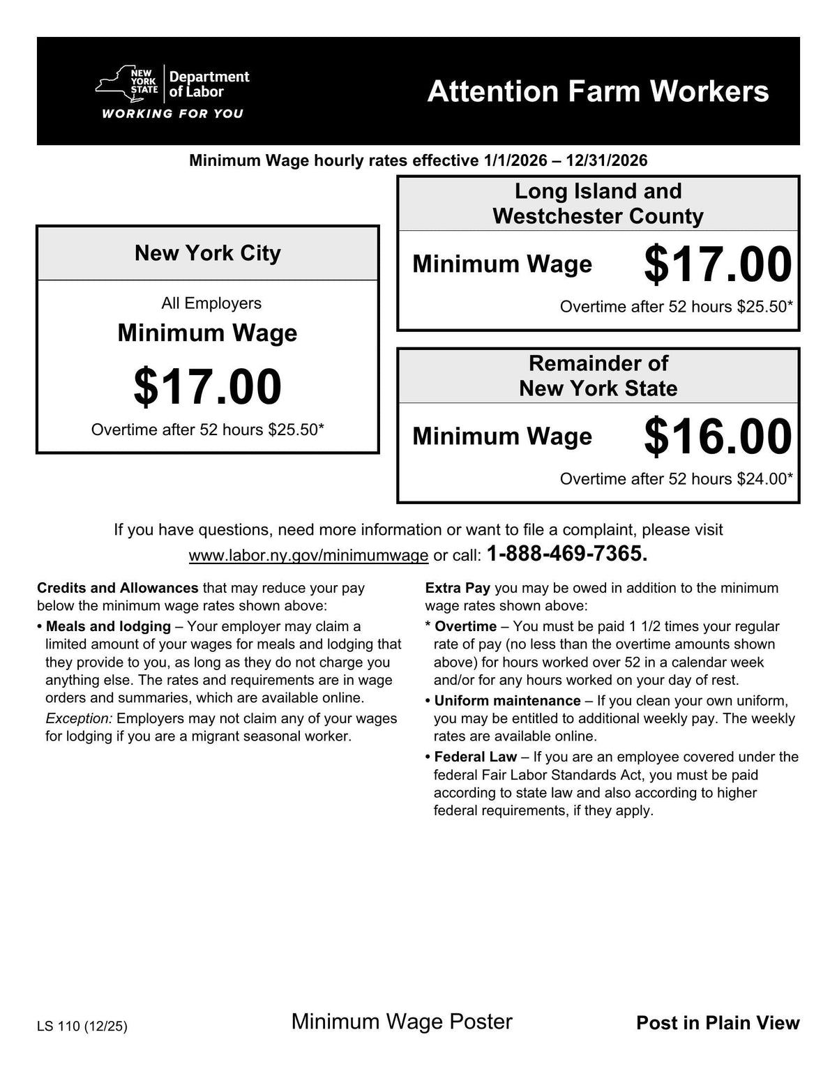 New York Farm Minimum Wage Poster (LS 110)
