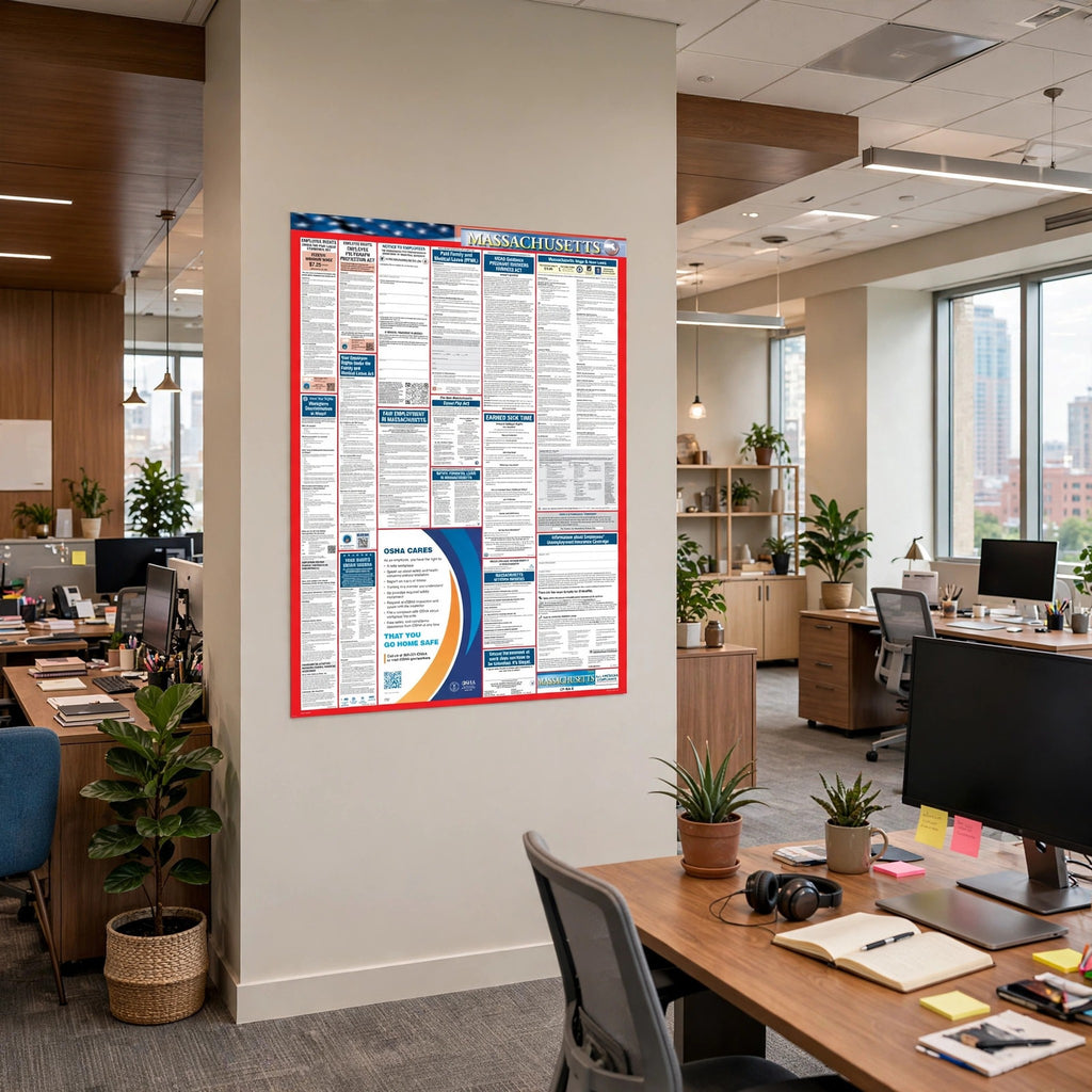 Massachusetts labor law poster on an office wall.