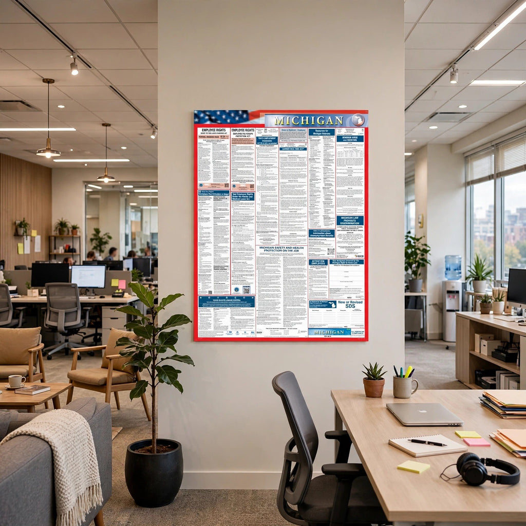 Michigan labor law poster on an office wall.