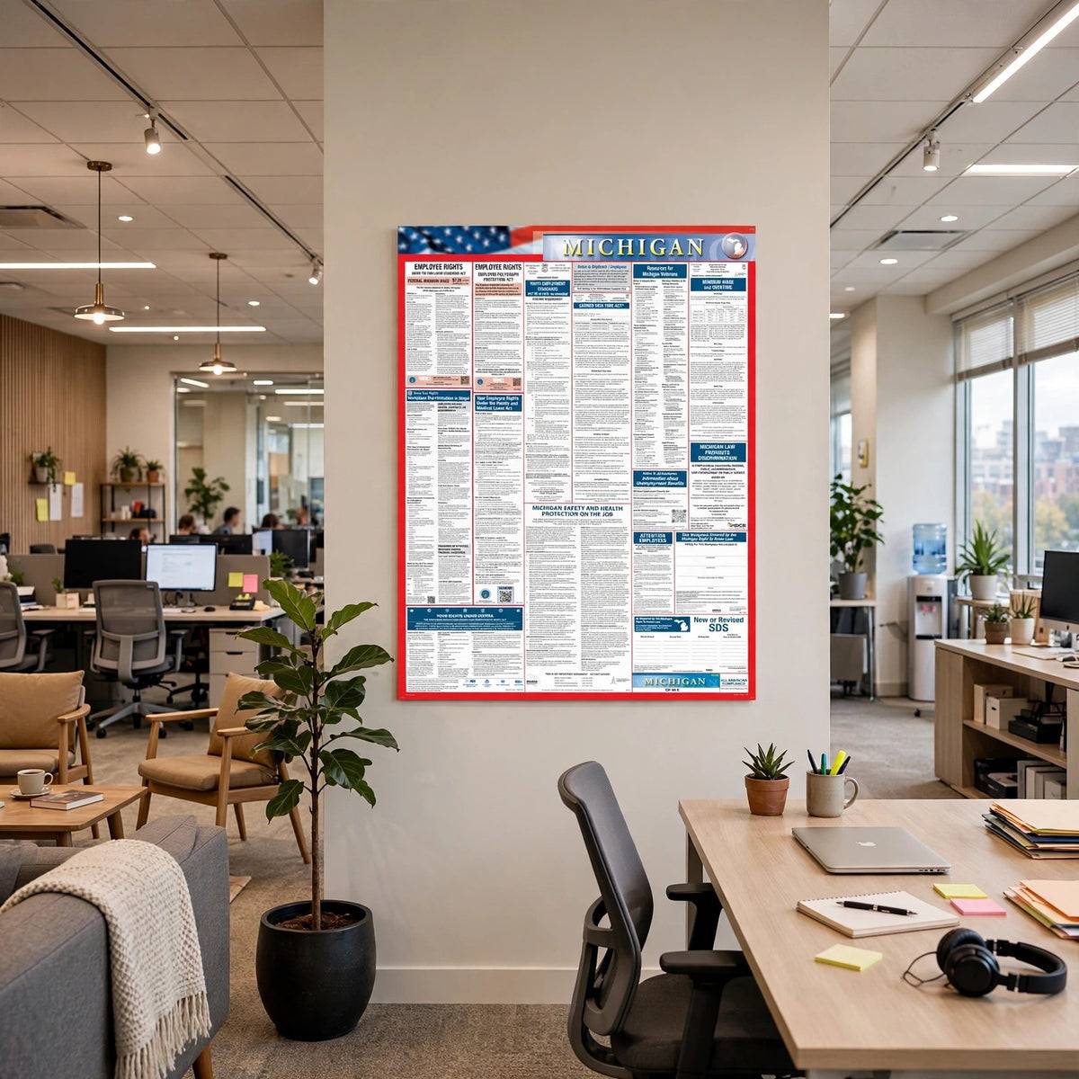 Michigan labor law poster on an office wall.