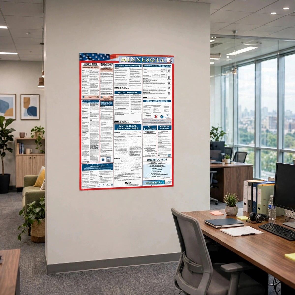 Minnesota labor law poster on an office wall.