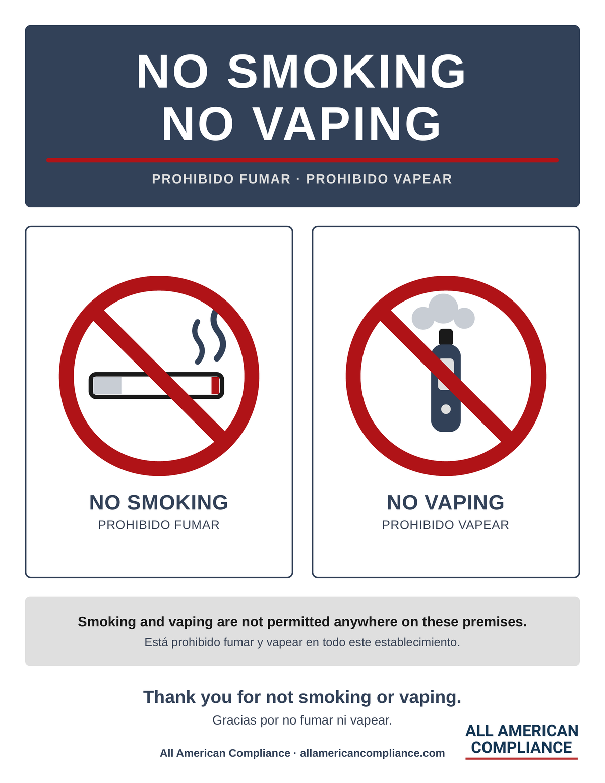No Smoking No Vaping Sign - 8.5 x 11